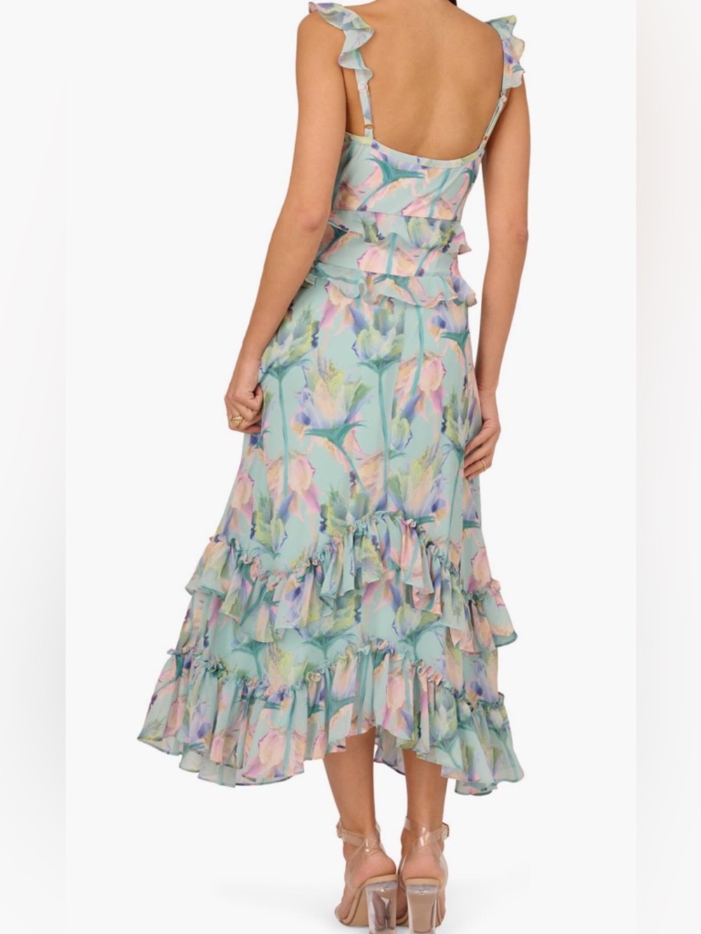 Adrianna Papell Pastel Floral High-Low Ruffle Skirt - Picture 2 of 9